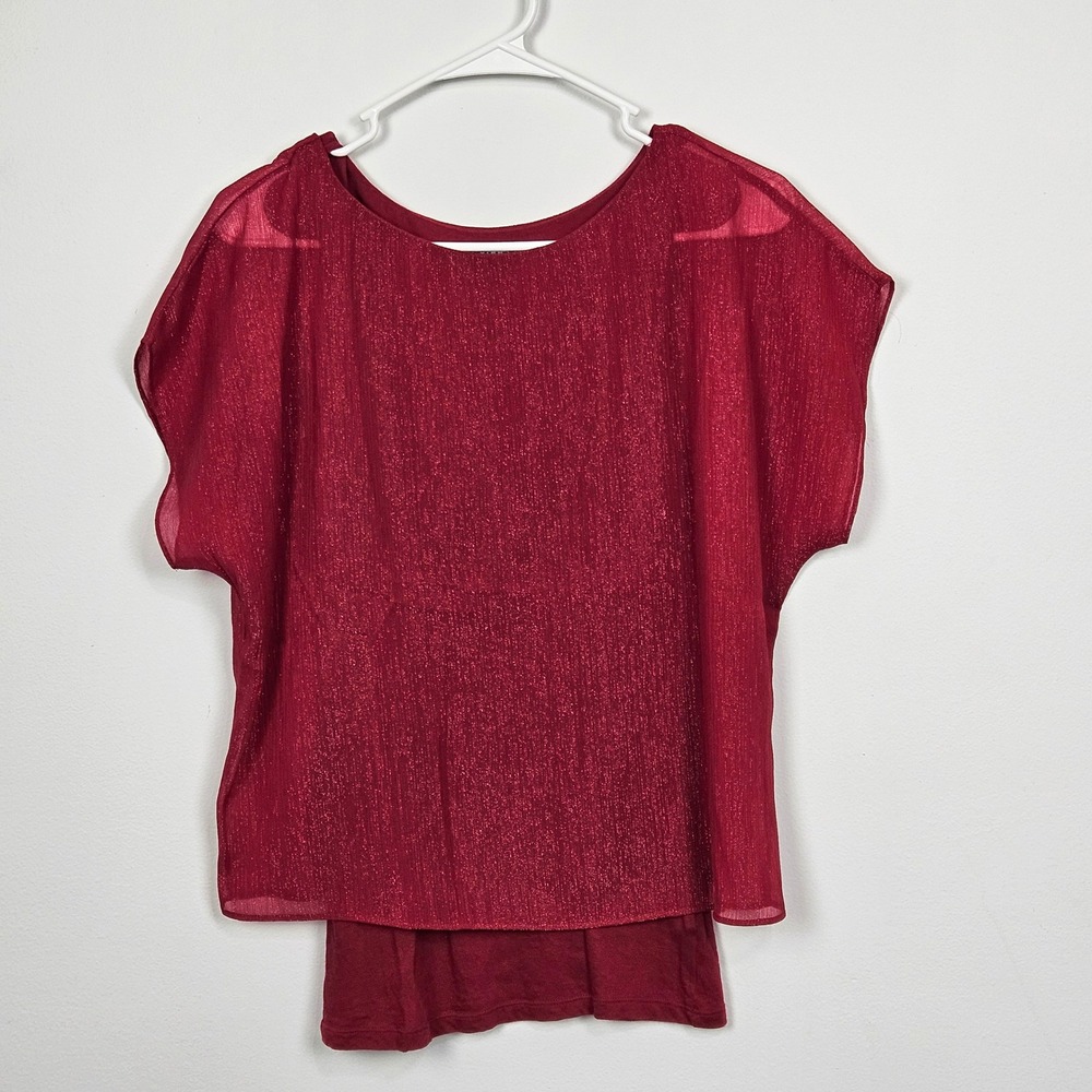 Express Womens Sz XS Red Metallic Shimmer Layered Sheer Dolman Sleeve Blouse Top